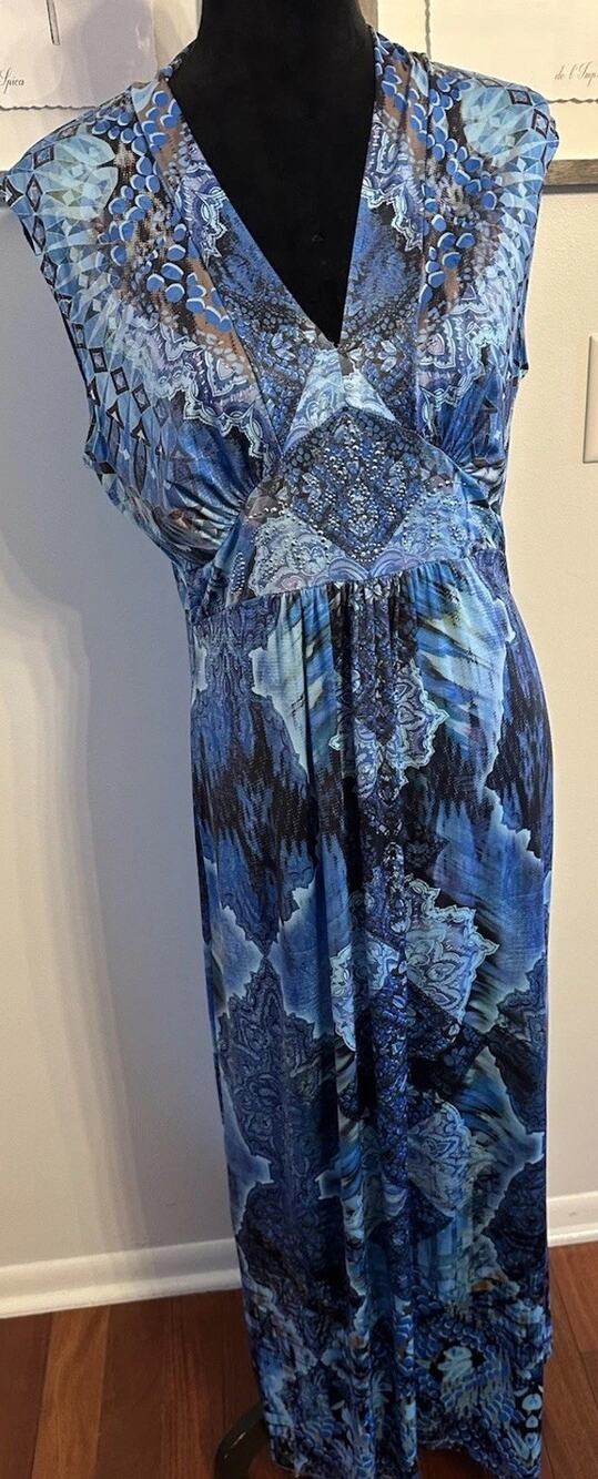 World Unity Maxi Dress Blue Paisley Festival Boho Studs Hippie Whimsy Sz.Medium